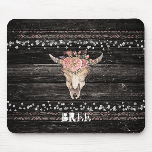 Rustic Floral Cow Skull Boho Chic Glam Silver Wood Mouse Pad (Front)