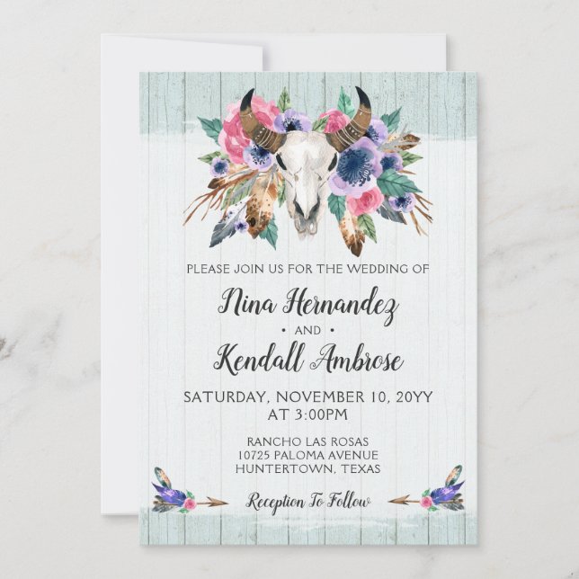 Rustic Floral Cow Skull Boho Wedding Invitation (Front)