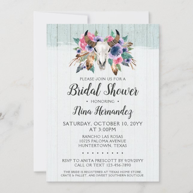 Rustic Floral Cow Skull Bridal Shower Invitation (Front)