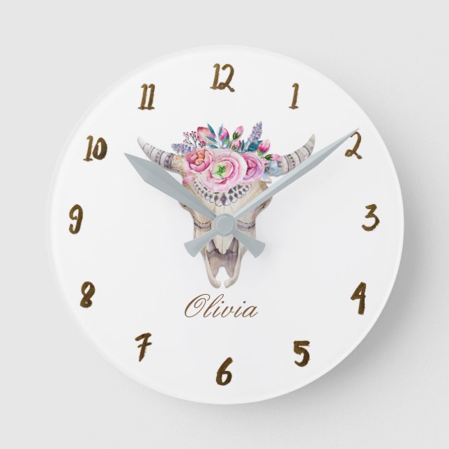 Rustic Floral Cow Skull Horns Girly Personalized Round Clock (Front)