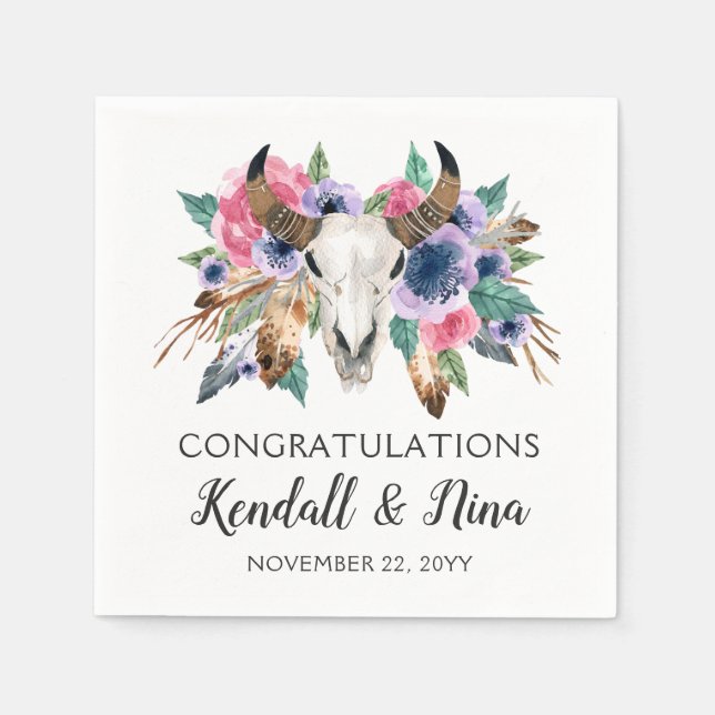Rustic Floral Cow Skull Watercolor Boho Wedding Napkin (Front)