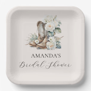 Rustic Floral Cowgirl Boots Bridal Shower Paper Plate
