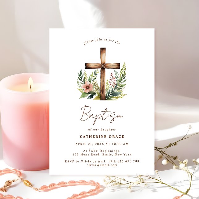 Rustic Floral Cross Baptism & Christening Invitation (Creator Uploaded)