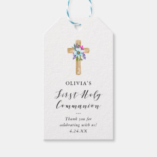 Rustic Floral Cross Kraft Look First Communion Gift Tags
