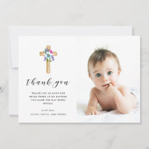 Rustic Floral Cross Kraft Look   Photo Baptism Thank You Card