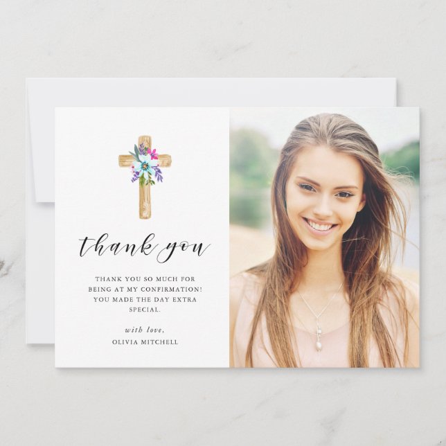 Rustic Floral Cross Kraft Look Photo Confirmation Thank You Card (Front)