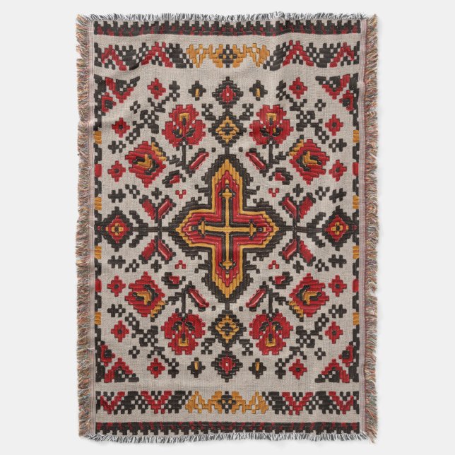Rustic Floral Cross Stitch Folk Pattern Throw Blanket (Front Vertical)