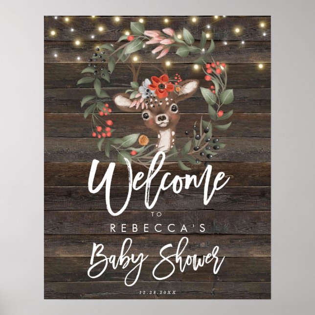 rustic floral cute deer baby shower welcome sign (Front)