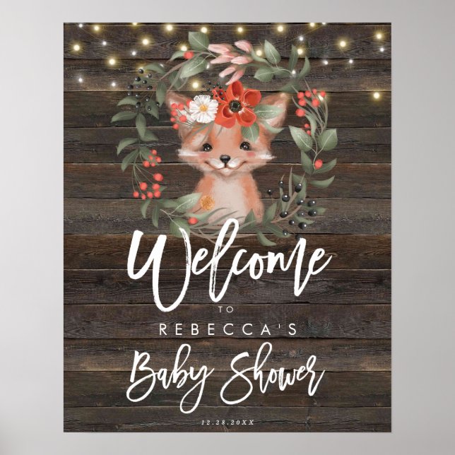 rustic floral cute fox baby shower welcome sign (Front)