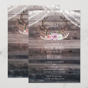 Rustic Floral Deer Antlers & String Lights Invitation