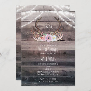 Rustic Floral Deer Antlers & String Lights Invitation