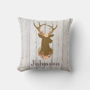 Rustic Floral Deer Buck Antlers On Wood Cushion