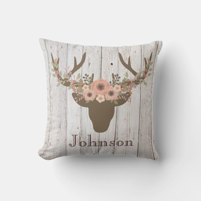 Rustic Floral Deer Buck Head Antlers On Wood Cushion (Front)
