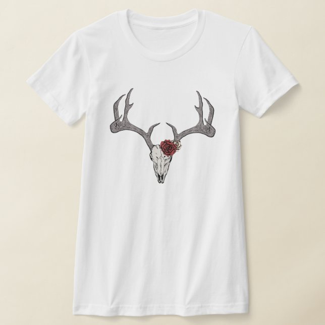 Rustic Floral Deer Reindeer Skull Antlers T-Shirt (Laydown)