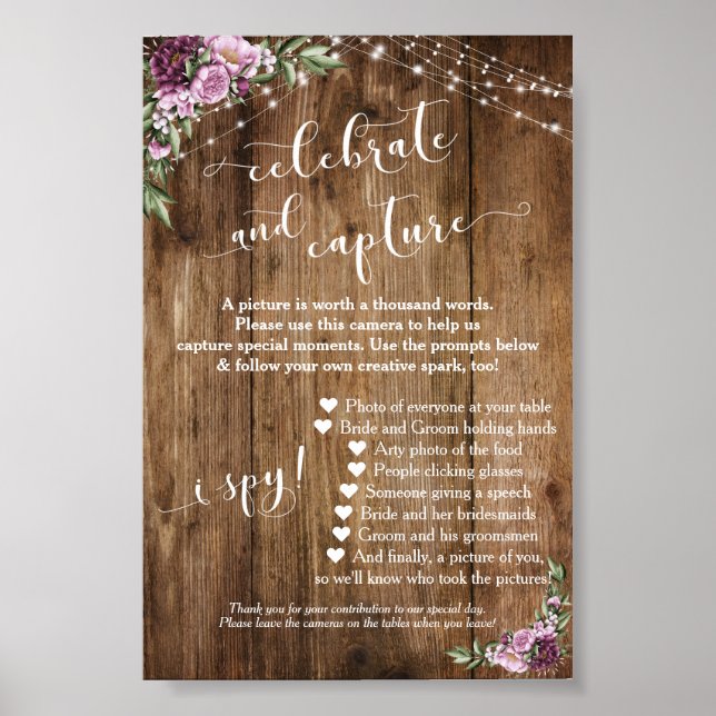 Rustic Floral Disposable Camera Instructions Sign (Front)