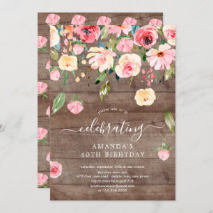 Rustic Floral Drop Pink Peonies Birthday Party Invitation