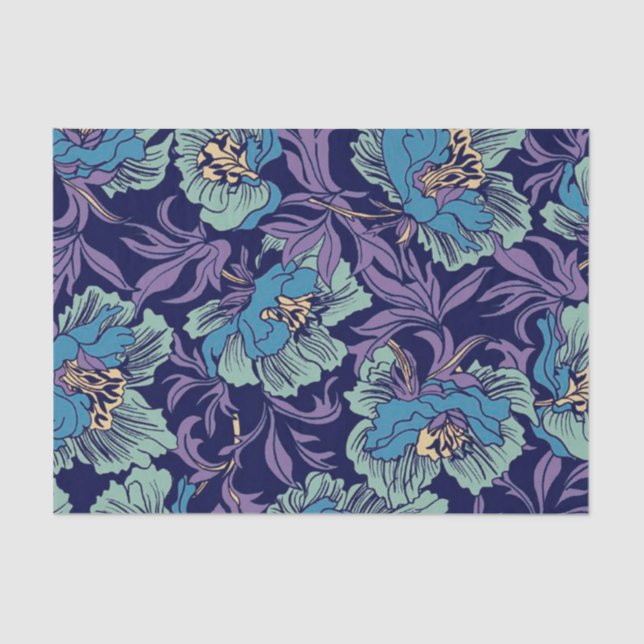 Rustic Floral Dust blue, Teal and Purple Decoupage Tissue Paper (Front)