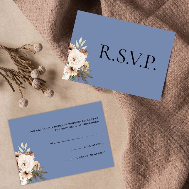 Rustic Floral Dusty Blue Wedding RSVP Card (Creator Uploaded)