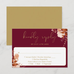 Rustic Floral Elegant Burgundy And Gold Wedding RSVP Card