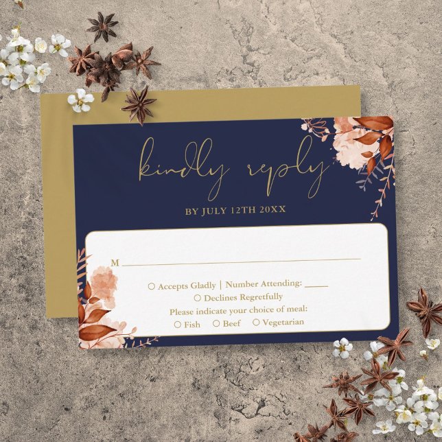 Rustic Floral Elegant Navy Blue And Gold Wedding RSVP Card (Rustic Floral Elegant Navy Blue And Gold Wedding RSVP Card)