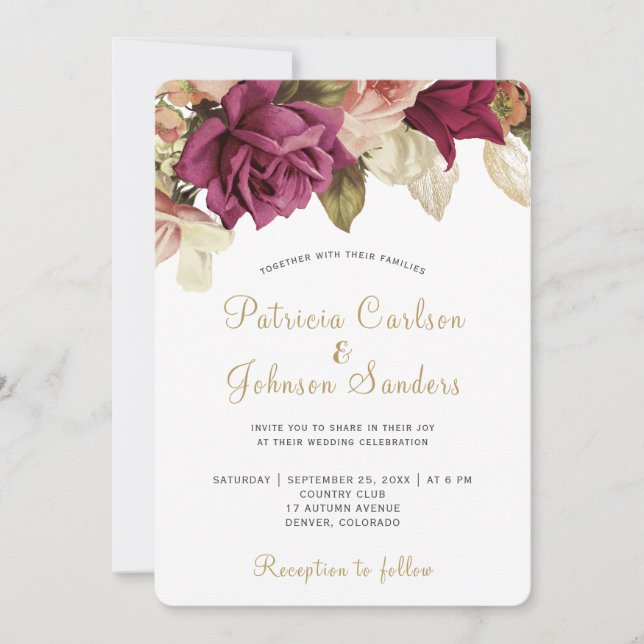 Rustic floral elegant script wedding invitation (Front)