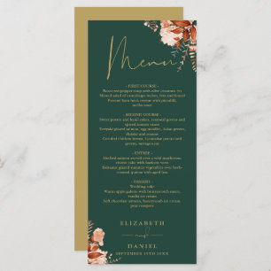 Rustic Floral Emerald And Gold Wedding Dinner Menu