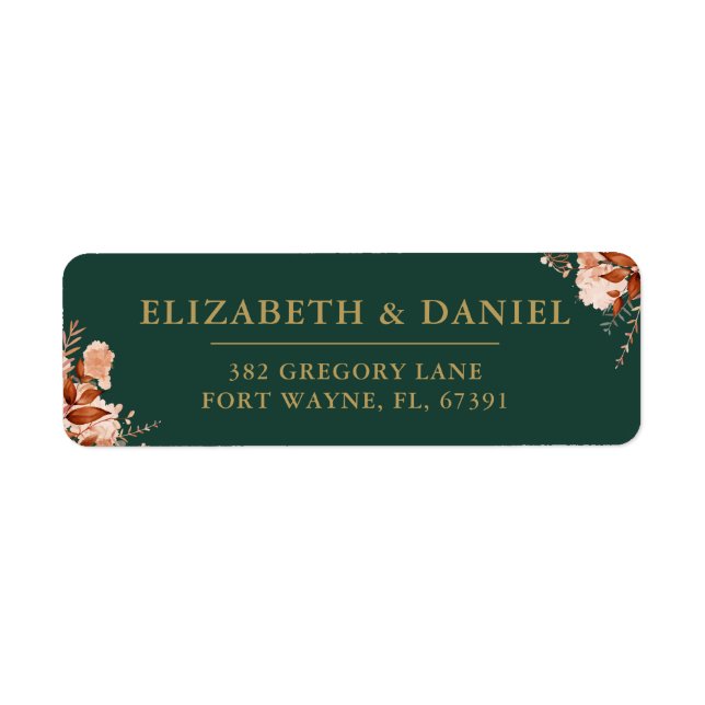 Rustic Floral Emerald Gold Wedding Return Address Label (Front)