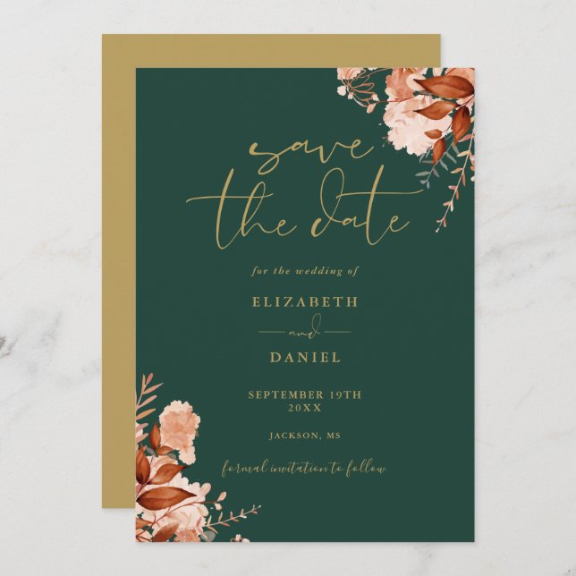 Rustic Floral Emerald Green And Gold Wedding Save The Date (Front/Back)