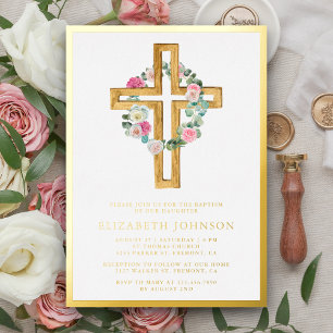 Rustic Floral Eucalyptus Wood Cross Baptism Gold