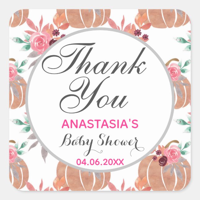 Rustic Floral Fall Autumn Thank You Baby Shower Square Sticker (Front)