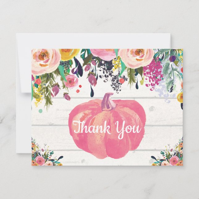 Rustic Floral Fall Pumpkin Thank You Card (Front)
