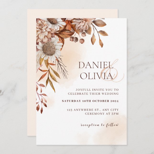 Rustic Floral Fall Wedding Invitation (Front/Back)
