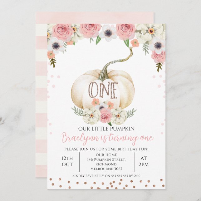 Rustic Floral Fall White Pumpkin 1st Birthday Invitation (Front/Back)