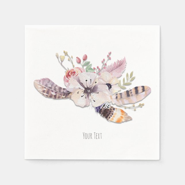 Rustic Floral & Feathers Boho Chic Custom Party Napkin (Front)