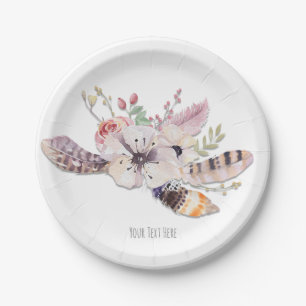 Rustic Floral & Feathers Boho Chic Party Paper Plate