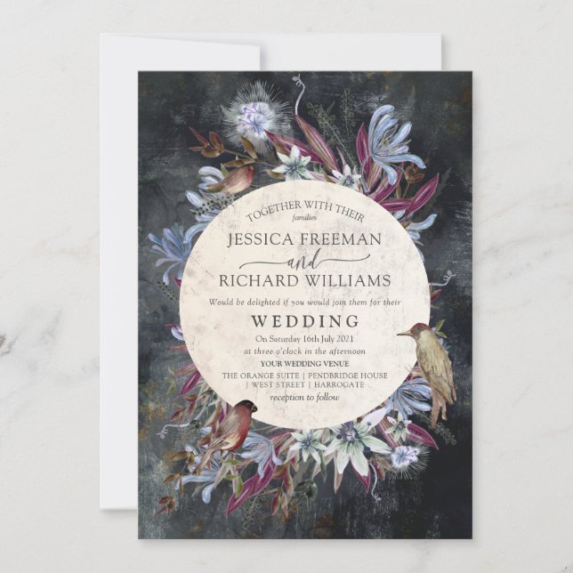Rustic floral frame dark with birds invitation (Front)