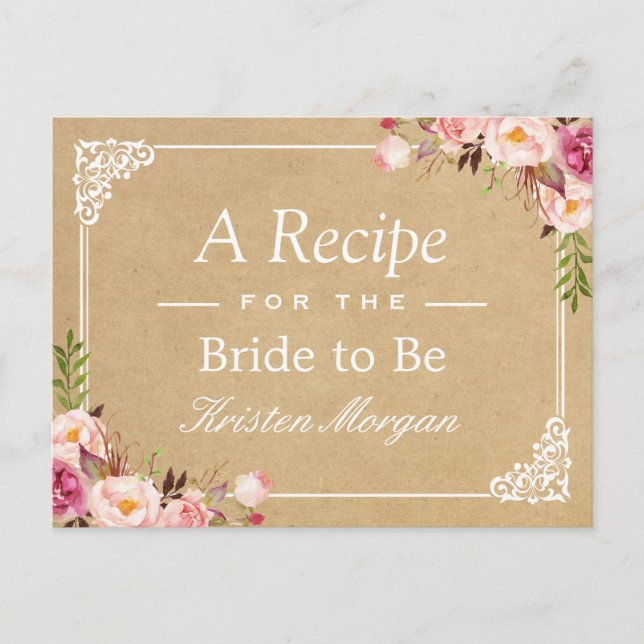 Rustic Floral Frame Kraft Bridal Shower Recipe Postcard (Front)