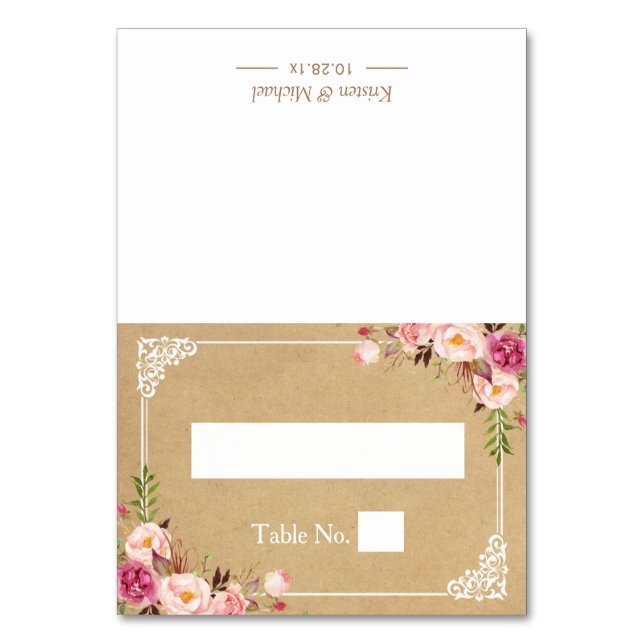 Rustic Floral Frame Kraft Wedding Seating Place Table Number (Front)