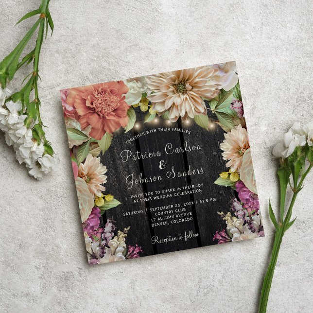 Rustic floral garden barn wood wedding invitation (Creator Uploaded)