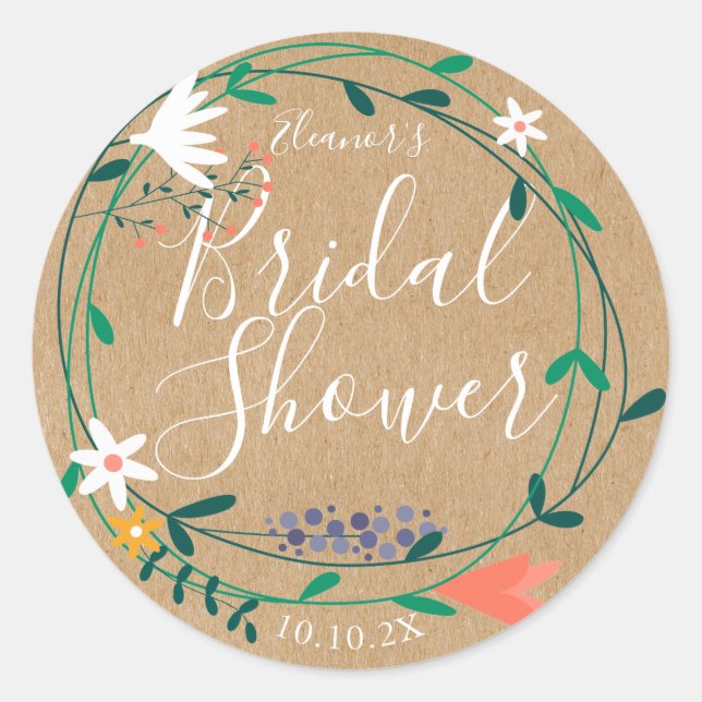 Rustic Floral Garland Bridal Shower Favour Classic Round Sticker (Front)