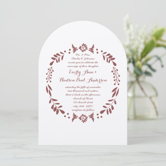 Rustic Floral Garland Folk Art Marsala Wedding Invitation (Standing Front)
