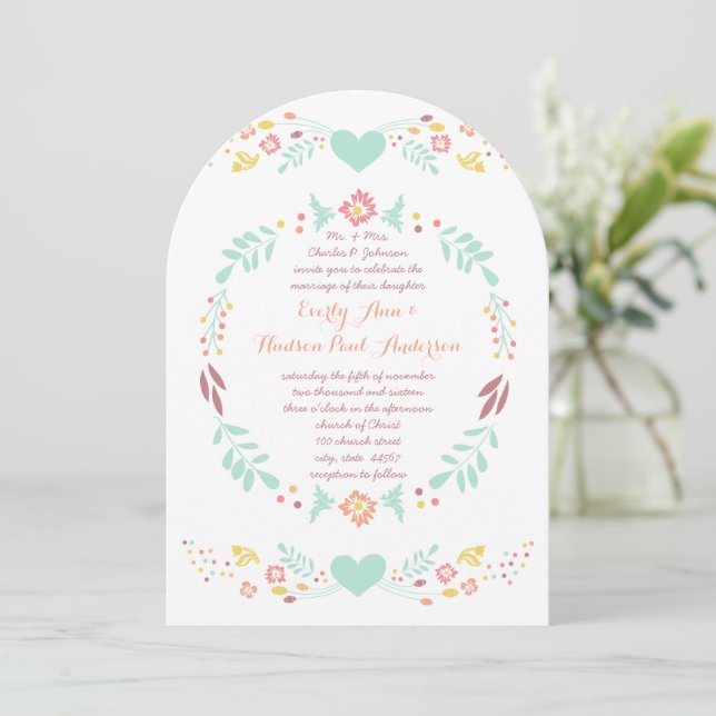 Rustic Floral Garland Folk Art Marsala Wedding Invitation (Standing Front)