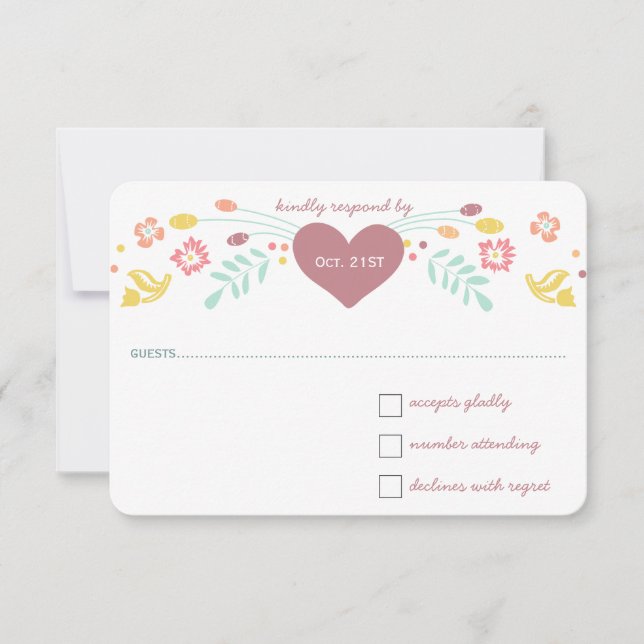 Rustic Floral Garland Folk Art Marsala Wedding RSVP Card (Front)