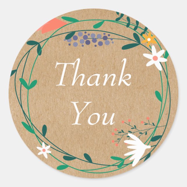 Rustic Floral Garland Wedding Thank You Favour Classic Round Sticker (Front)