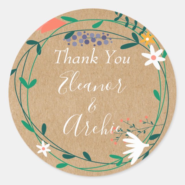 Rustic Floral Garland Wedding Thank You Favour Classic Round Sticker (Front)