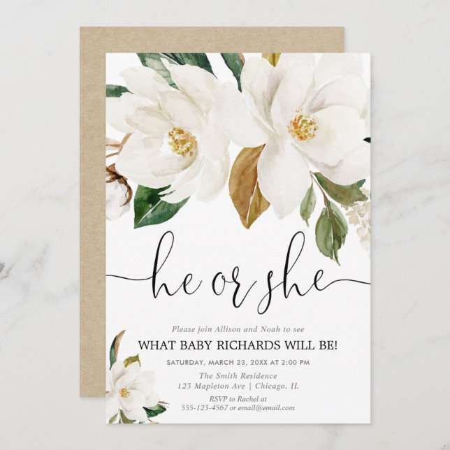 Rustic floral gender reveal, white magnolia invitation (Front/Back)