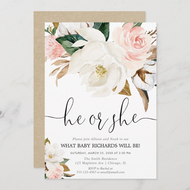 Rustic floral gender reveal, white pink magnolia invitation (Front/Back)