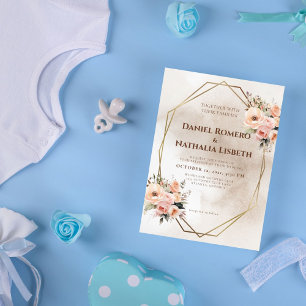 Rustic Floral Geometric Gold Frame Wedding Invitation