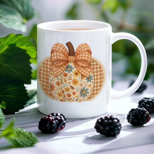  Rustic Floral Gingham Autumn Pumpkin Coffee Mug (Creator Uploaded)