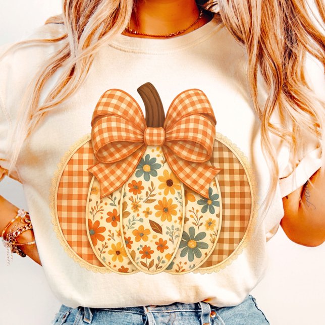  Rustic Floral Gingham Autumn Pumpkin T-Shirt (Creator Uploaded)